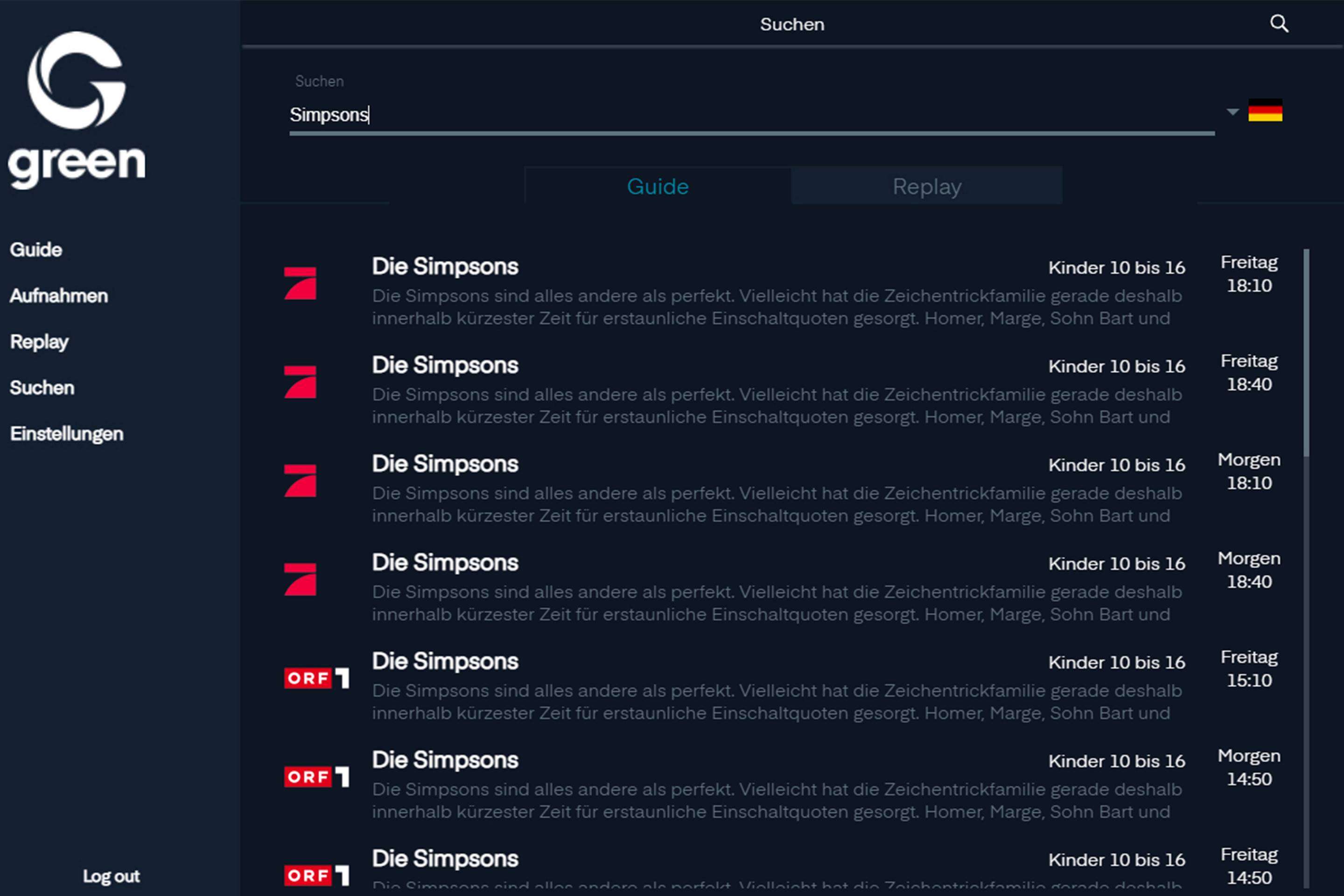 Screenshot of the search function of the TV subscription
