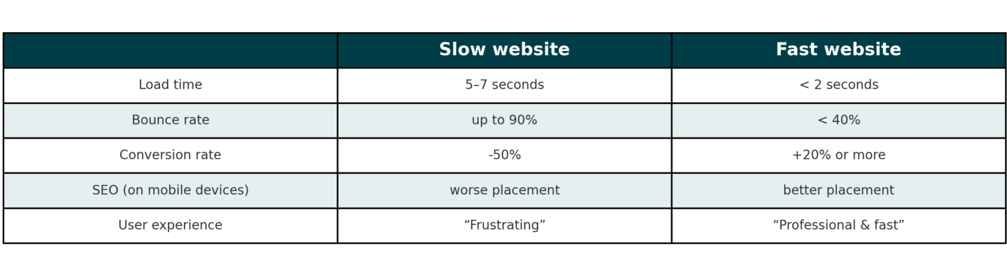 Table comparing slow and fast websites: load time, bounce rate, conversion rate, mobile SEO, and user experience
