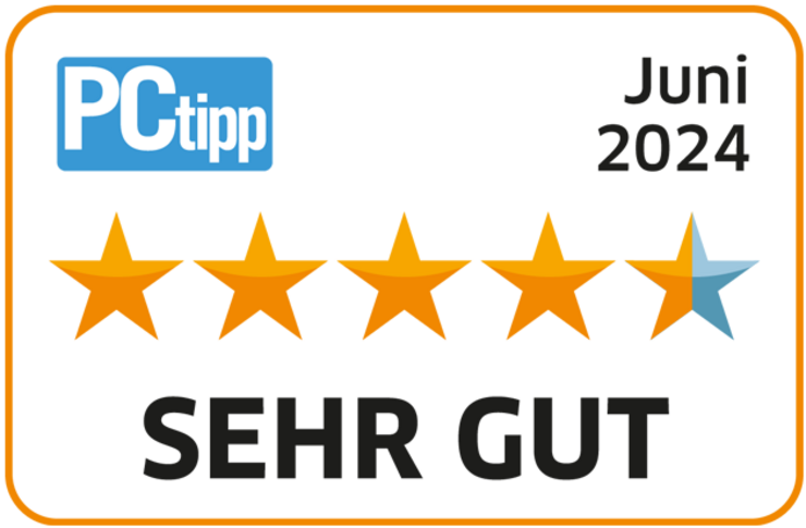 Label mit PCtipp Bewertung von 4.5 von 5 Sternen als sehr gut vom Juni 2024