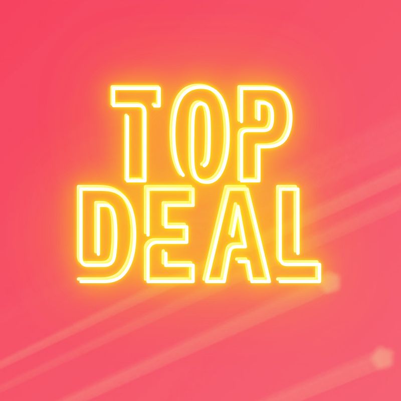 Werbegrafik "Top Deal" in gelber Neon-Schrift auf einem dynamischen roten Hintergrund.