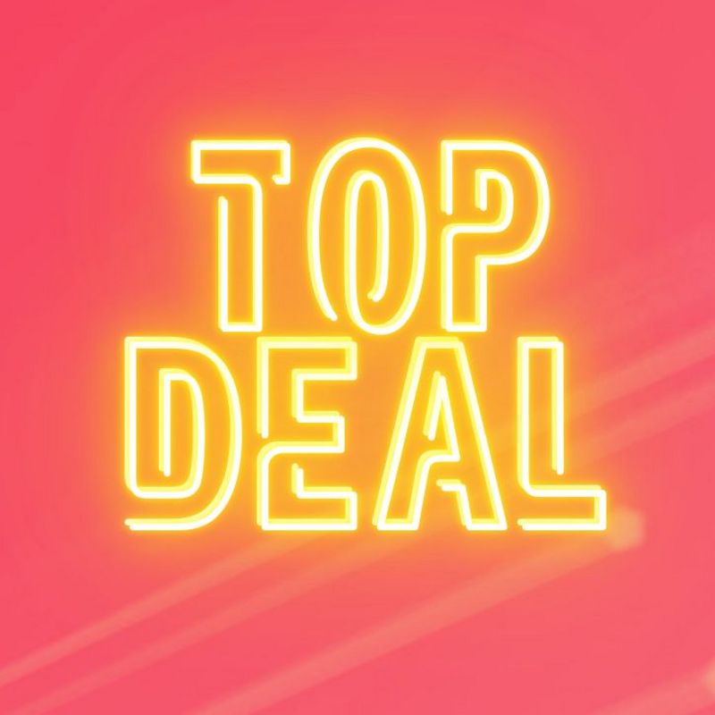 Werbegrafik "Top Deal" in gelber Neon-Schrift auf einem dynamischen roten Hintergrund.