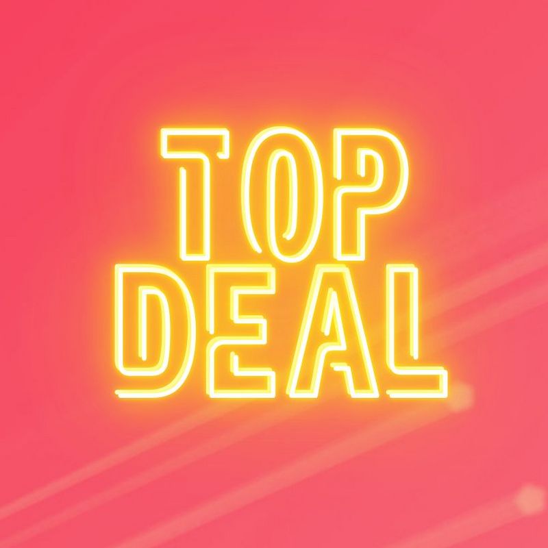 Werbegrafik "Top Deal" in gelber Neon-Schrift auf einem dynamischen roten Hintergrund.