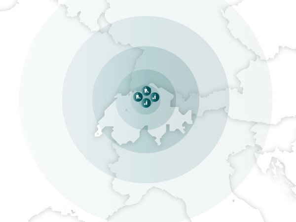 Map of Europe with Switzerland at the center. Expanding circles illustrate growing reach and expansion into neighboring countries.