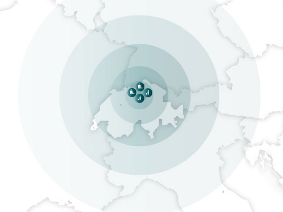 Karte Europas mit der Schweiz im Zentrum. Von dort ausgehende Kreise symbolisieren die wachsende Reichweite und Expansion in die umliegenden Länder.