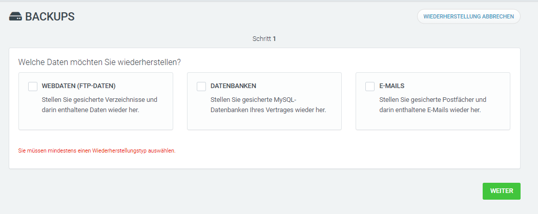 Web & Mail Control Panel - Backup Option auswählen