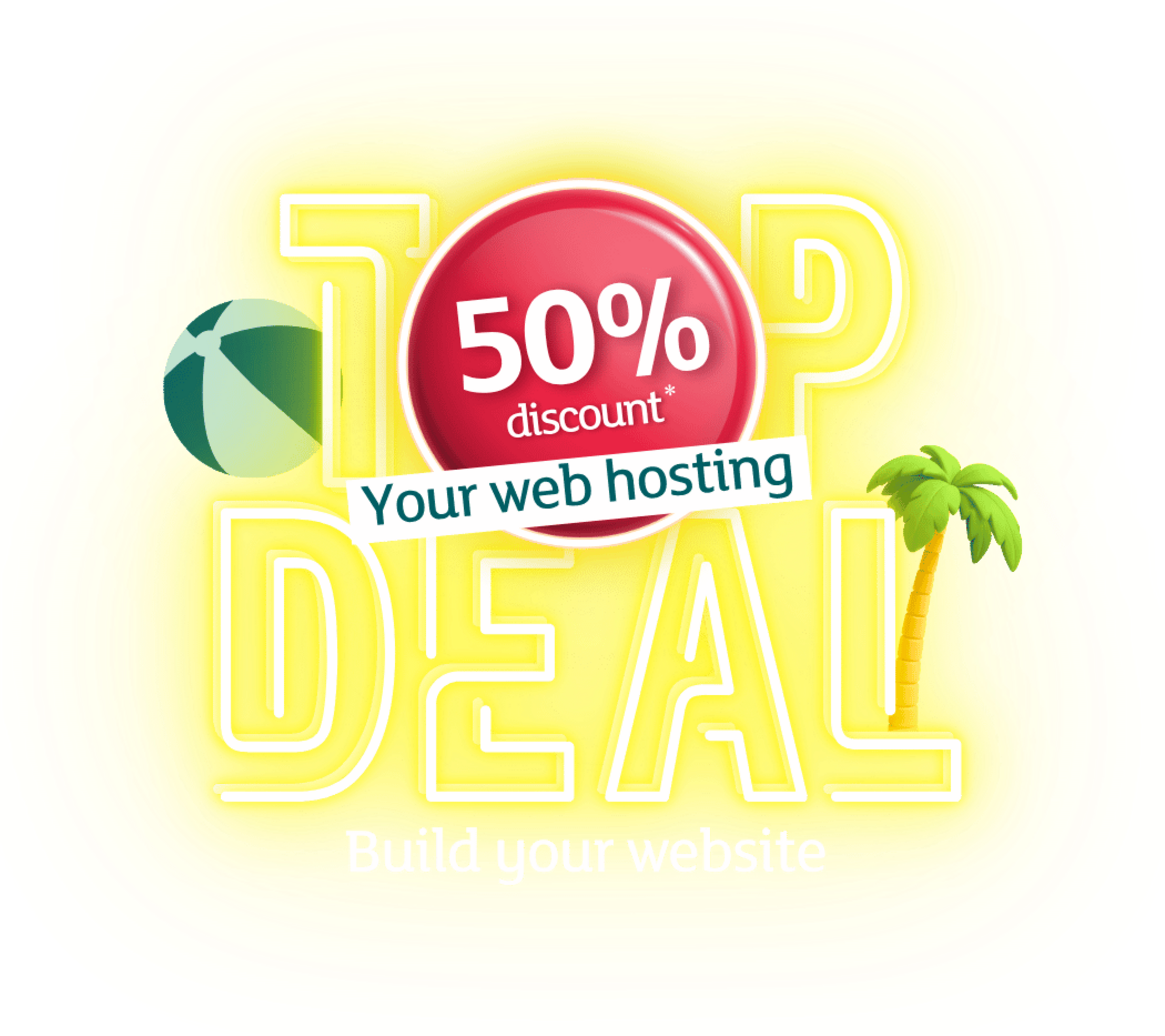 Graphic of a web hosting offer featuring the text "TOP DEAL", a red button with "50% discount", a palm tree, and a beach ball.