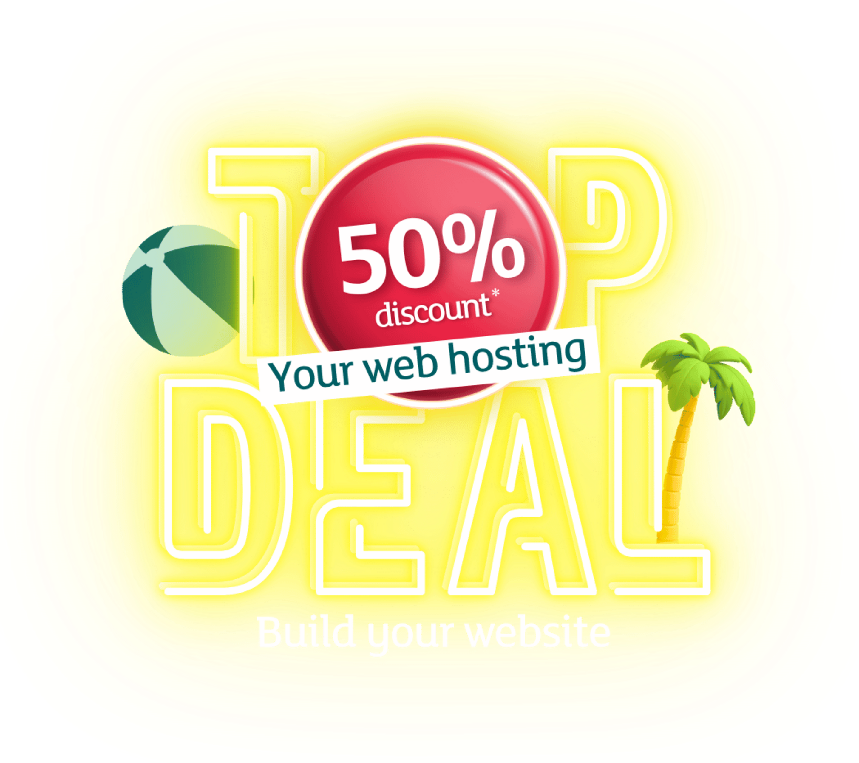 Graphic of a web hosting offer featuring the text "TOP DEAL", a red button with "50% discount", a palm tree, and a beach ball.
