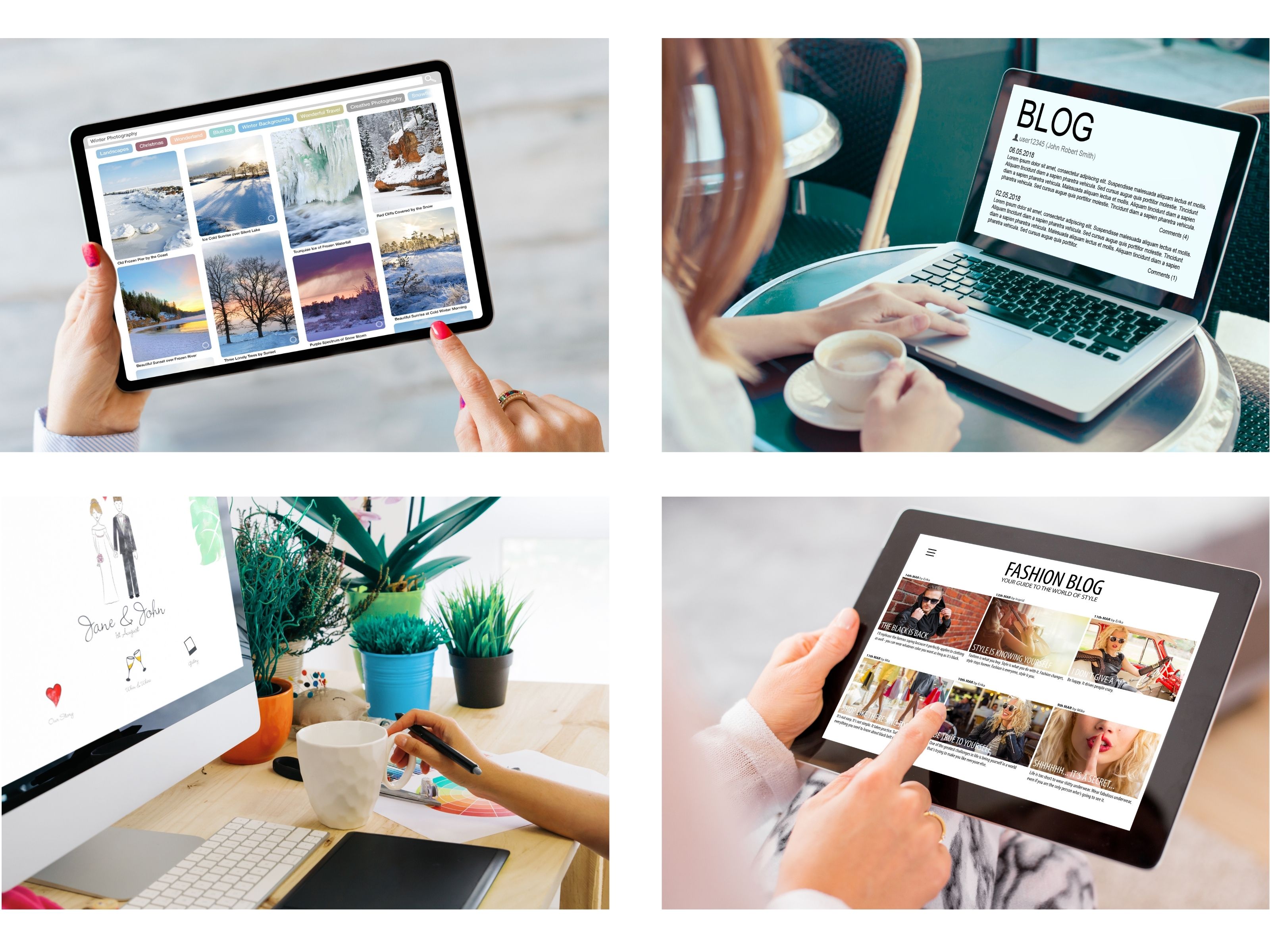 Vier Szenen mit verschiedenen persönlichen Webprojekten – Foto-Galerie, Blog, Hochzeitsseite und Modeblog