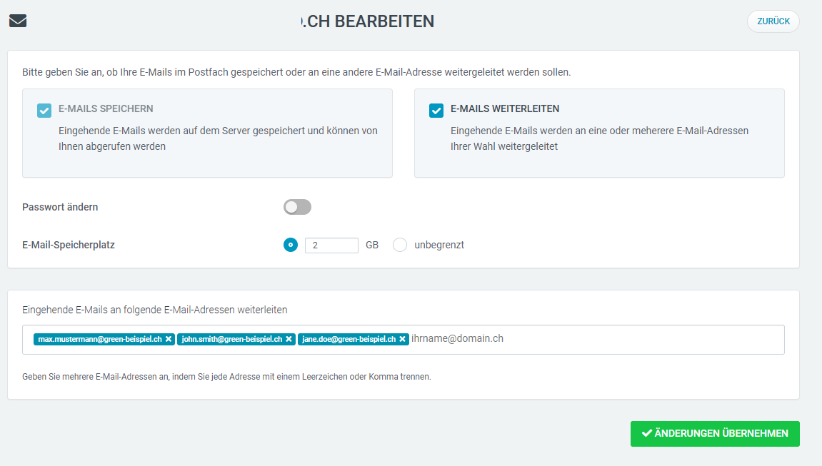 Web & Mail Control Panel - E-Mail-Adressen - Aktionen - E-Mail-Adresse bearbeiten - Weiterleitung aktivieren & Adressen eintragen