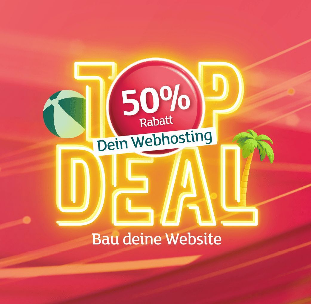 Werbebanner „Top Deal“ mit 50 % Rabatt auf Webhosting mit einem Wasserball und einer Palme auf rotem Hintergrund.