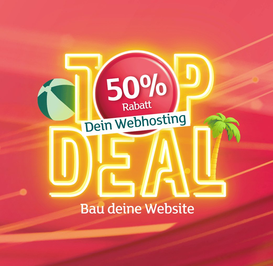 Werbebanner „Top Deal“ mit 50 % Rabatt auf Webhosting mit einem Wasserball und einer Palme auf rotem Hintergrund.