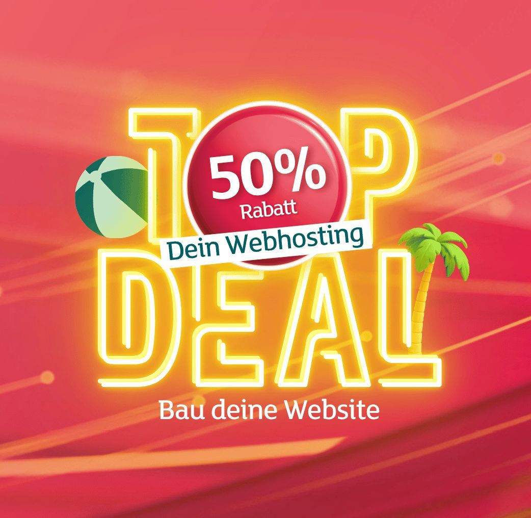 Werbebanner „Top Deal“ mit 50 % Rabatt auf Webhosting mit einem Wasserball und einer Palme auf rotem Hintergrund.