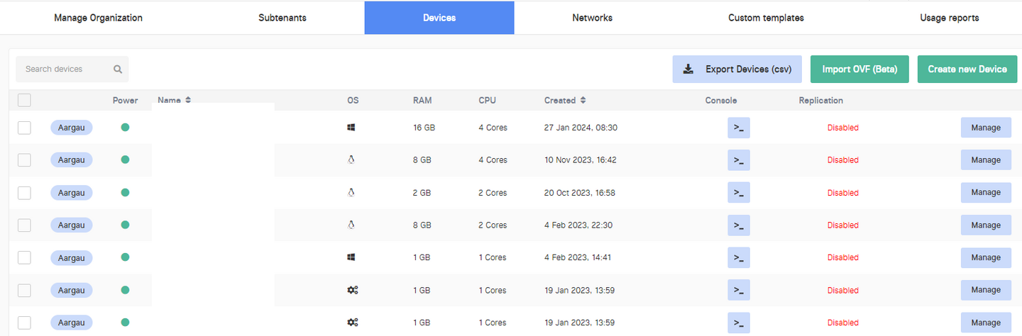 ScreenShot der Rubrik Devices der Verwaltungssoftware vom virtuellen Datacenter VDC Pro