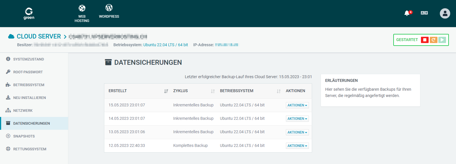 Datensicherung im Control Panel mit Auflistung aller Backups