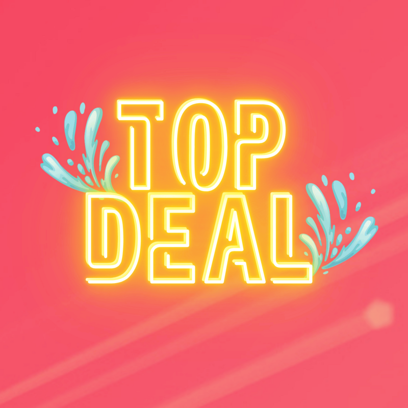 Gelbe Neon-Schriftzug „TOP DEAL“ mit Wasserspritzern auf pink-coral Hintergrund.