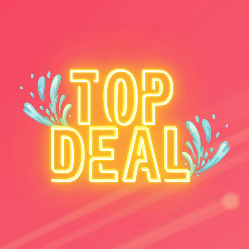 Gelbe Neon-Schriftzug „TOP DEAL“ mit Wasserspritzern auf pink-coral Hintergrund.