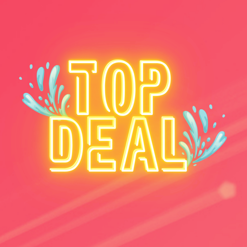 Gelbe Neon-Schriftzug „TOP DEAL“ mit Wasserspritzern auf pink-coral Hintergrund.