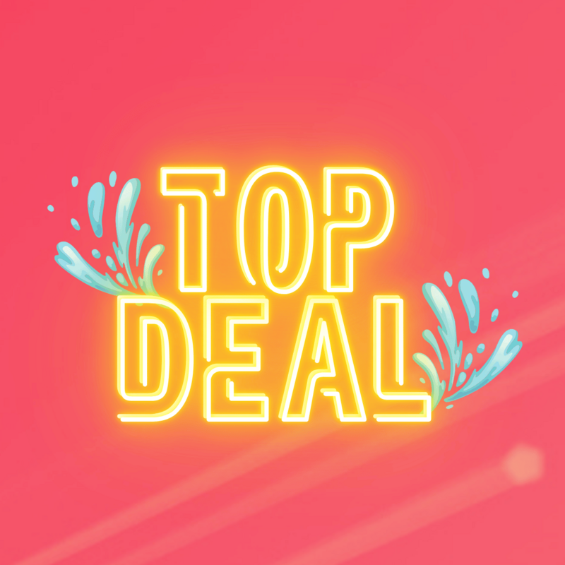 Gelbe Neon-Schriftzug „TOP DEAL“ mit Wasserspritzern auf pink-coral Hintergrund.