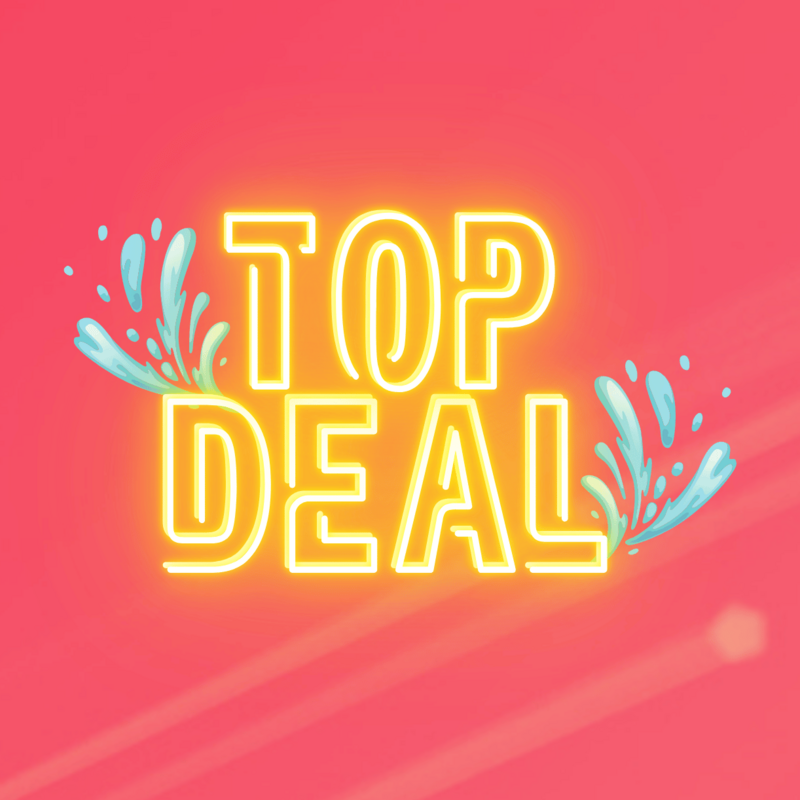 Gelbe Neon-Schriftzug „TOP DEAL“ mit Wasserspritzern auf pink-coral Hintergrund.