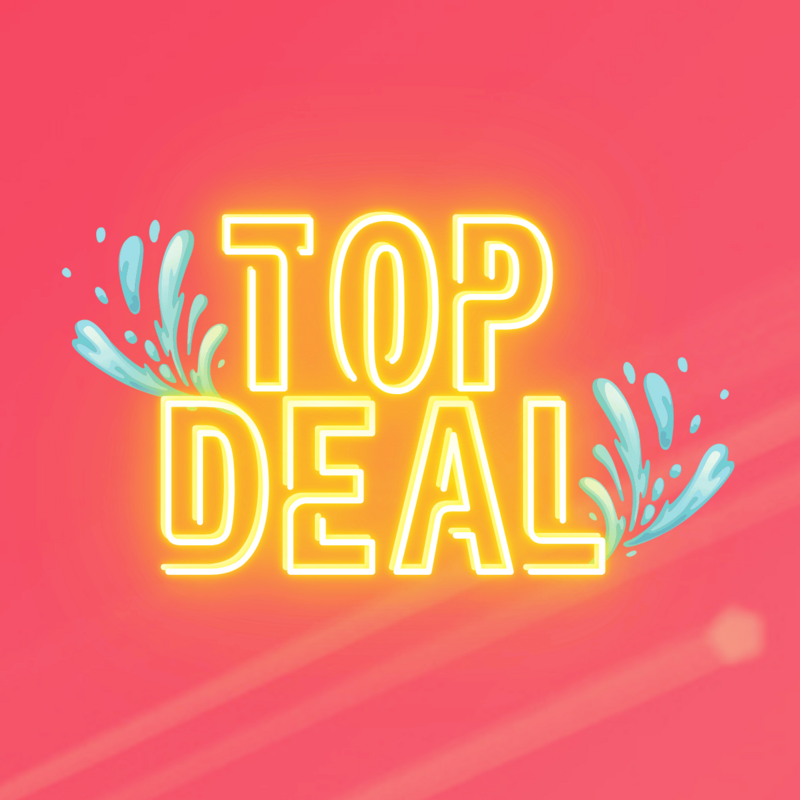 Gelbe Neon-Schriftzug „TOP DEAL“ mit Wasserspritzern auf pink-coral Hintergrund.