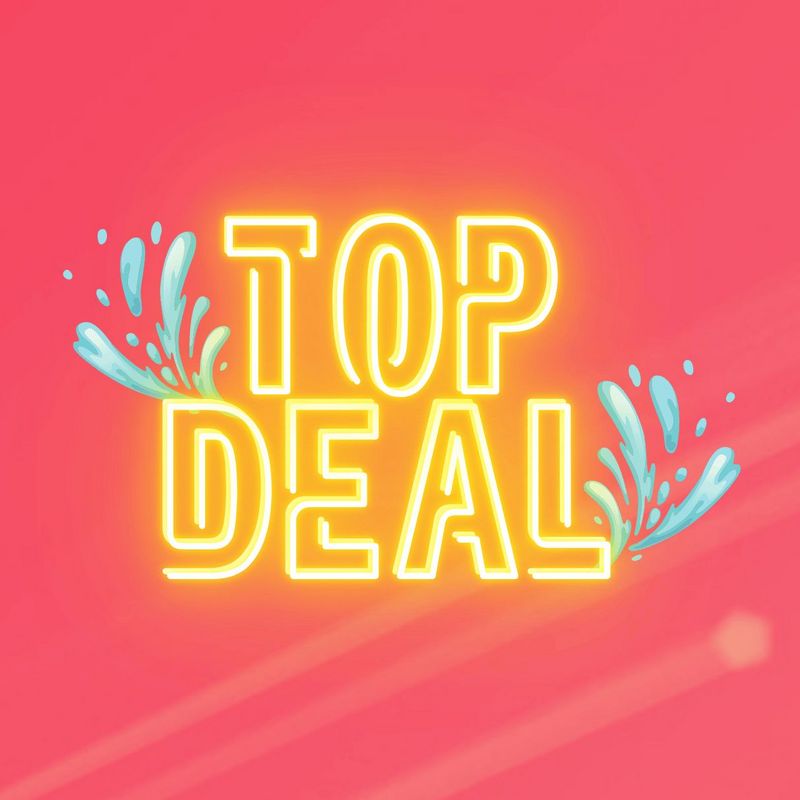 Gelbe Neon-Schriftzug „TOP DEAL“ mit Wasserspritzern auf pink-coral Hintergrund.