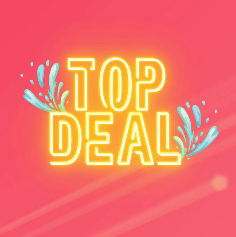 Gelbe Neon-Schriftzug „TOP DEAL“ mit Wasserspritzern auf pink-coral Hintergrund.