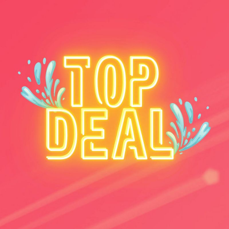 Gelbe Neon-Schriftzug „TOP DEAL“ mit Wasserspritzern auf pink-coral Hintergrund.