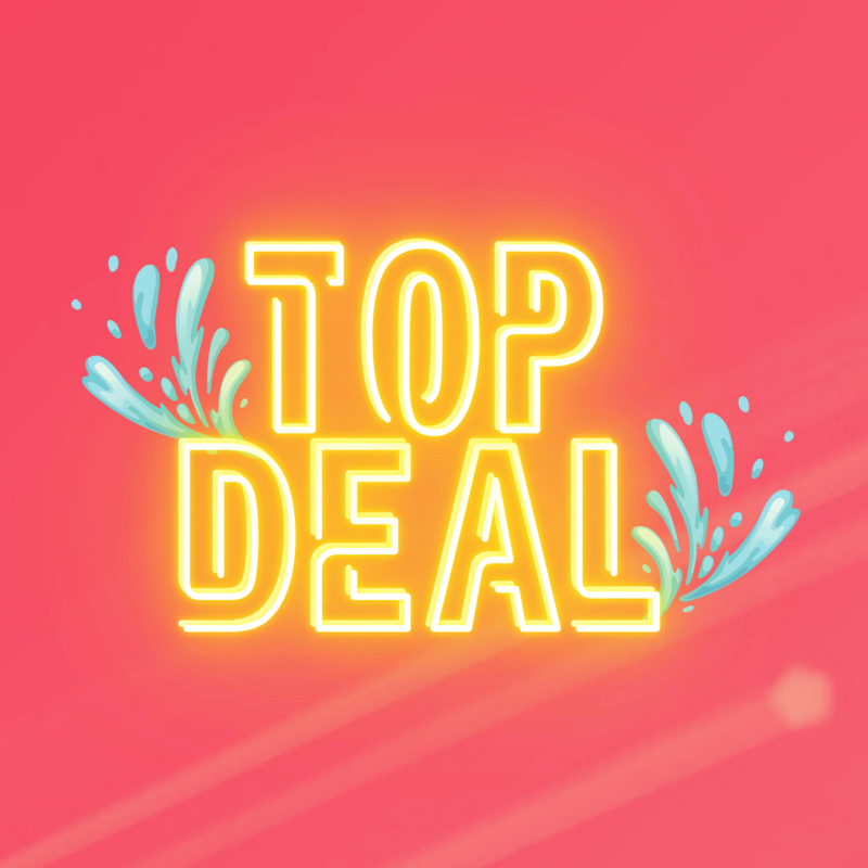 Gelbe Neon-Schriftzug „TOP DEAL“ mit Wasserspritzern auf pink-coral Hintergrund.