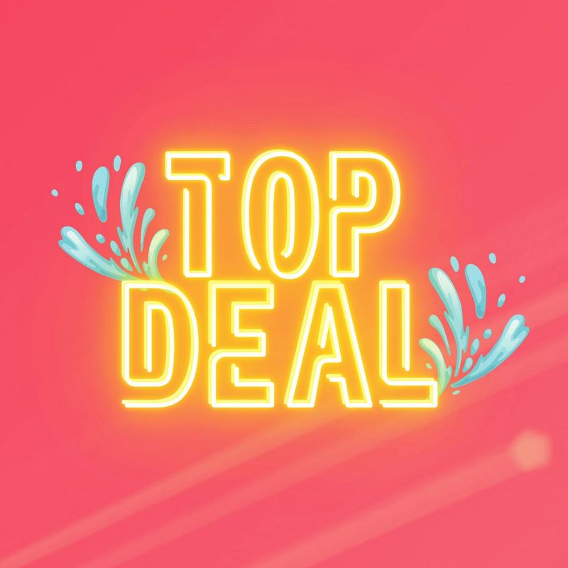 Gelbe Neon-Schriftzug „TOP DEAL“ mit Wasserspritzern auf pink-coral Hintergrund.