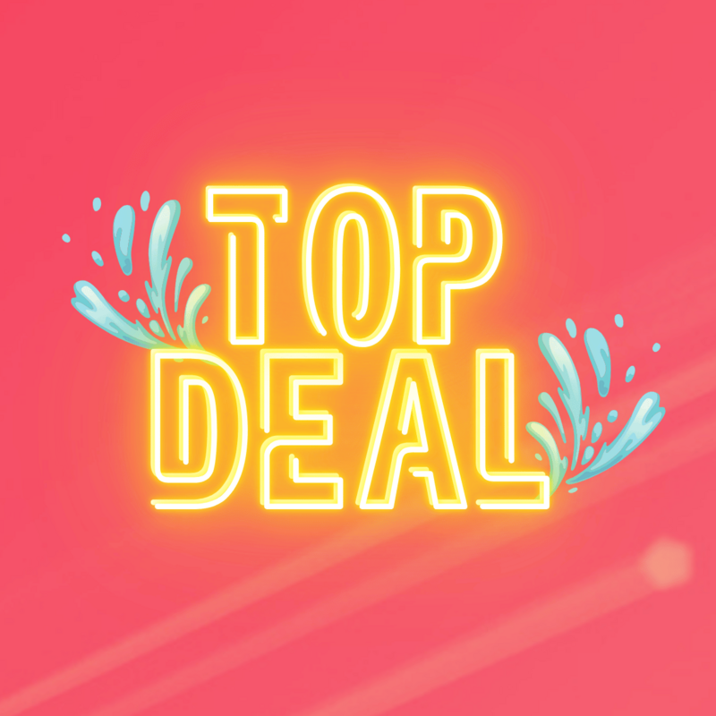 Gelbe Neon-Schriftzug „TOP DEAL“ mit Wasserspritzern auf pink-coral Hintergrund.