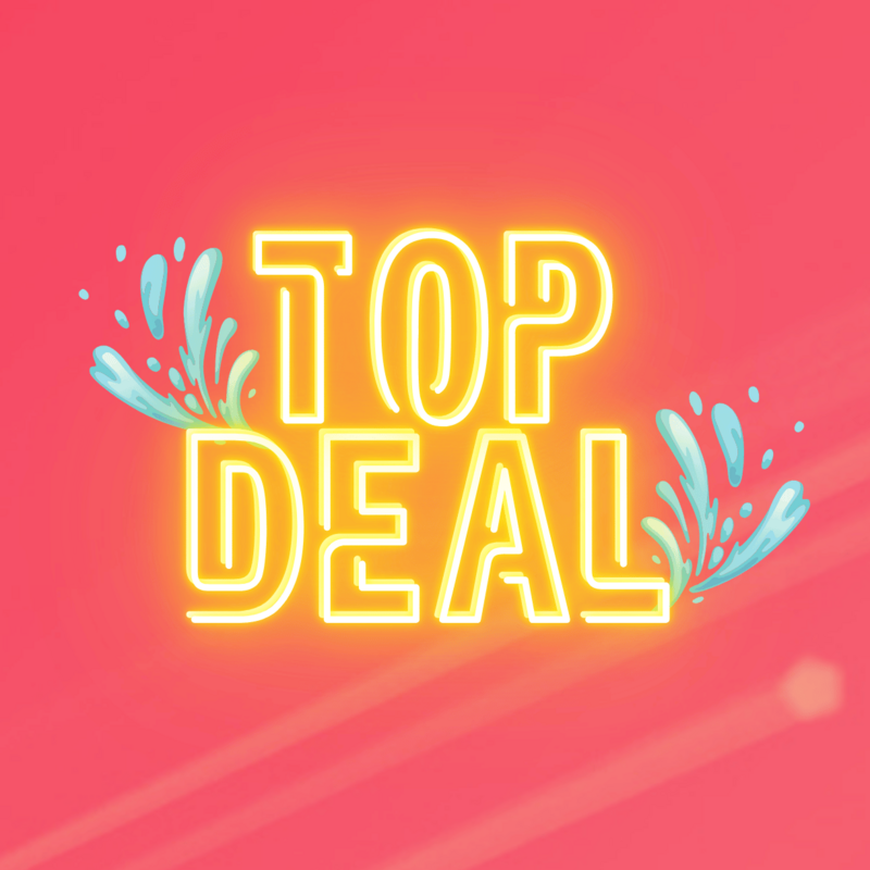 Gelbe Neon-Schriftzug „TOP DEAL“ mit Wasserspritzern auf pink-coral Hintergrund.