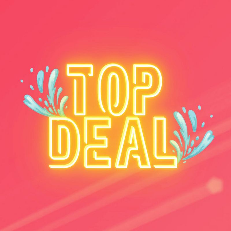Gelbe Neon-Schriftzug „TOP DEAL“ mit Wasserspritzern auf pink-coral Hintergrund.