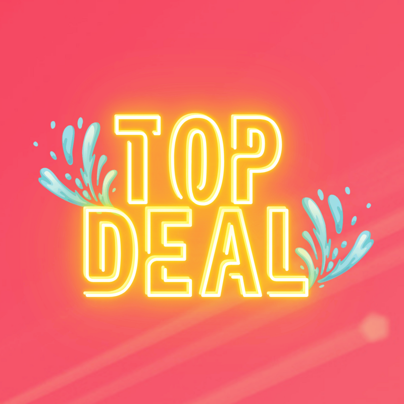 Gelbe Neon-Schriftzug „TOP DEAL“ mit Wasserspritzern auf pink-coral Hintergrund.