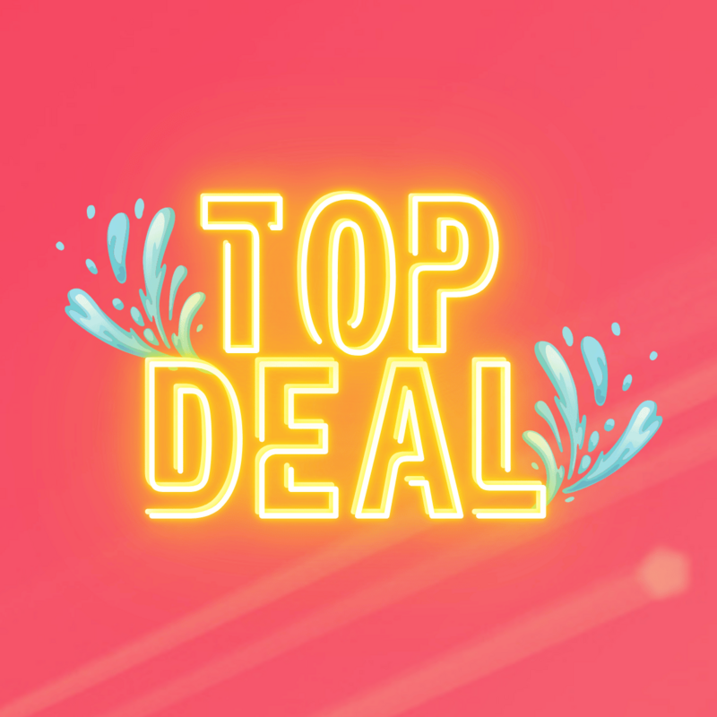 Gelbe Neon-Schriftzug „TOP DEAL“ mit Wasserspritzern auf pink-coral Hintergrund.
