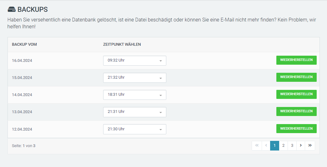 Web & Mail Control Panel - Backup auswählen