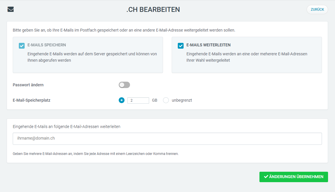 Web & Mail Control Panel - E-Mail-Adressen - Aktionen - E-Mail-Adresse bearbeiten - Weiterleitung aktivieren