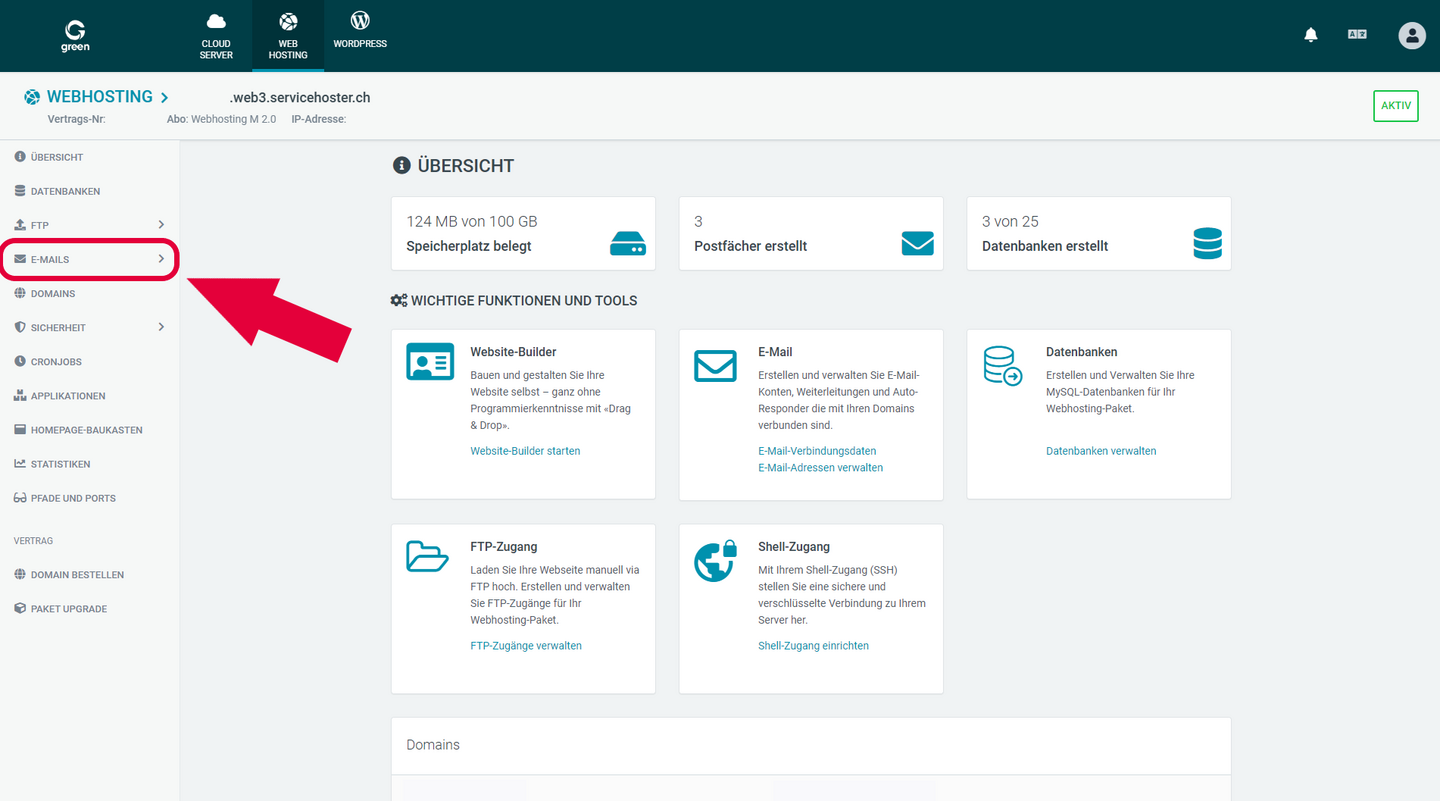Web & Mail Control Panel - Menüpunkt E-Mails in der Navigationsleiste