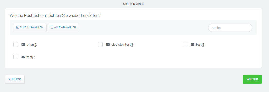 Web & Mail Control Panel - Backup - E-Mail-Adresse auswählen