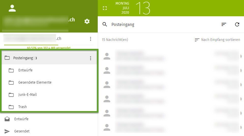Posteingang / Entwürfe / Gesendete Elemente / Junk-Email