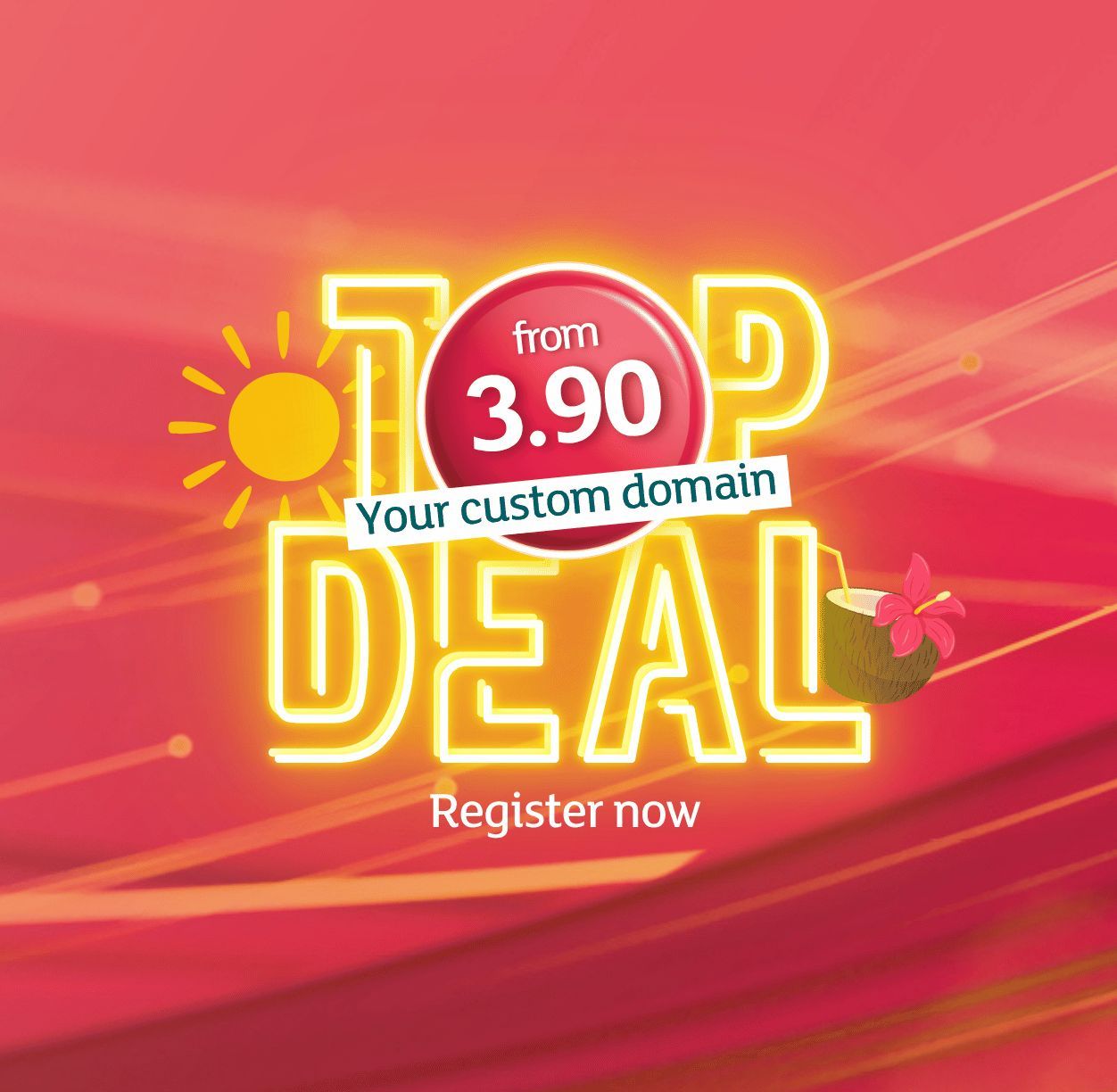 Promotional banner "Top Deal" for a custom domain starting from 3.90, featuring a sun and a coconut on a red background.