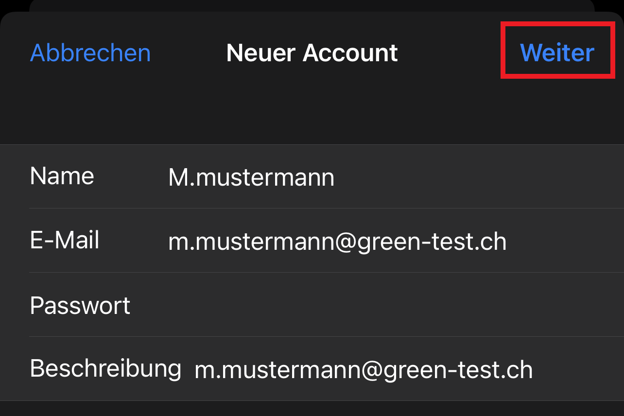 iOS Einstellungen - Neuer Account