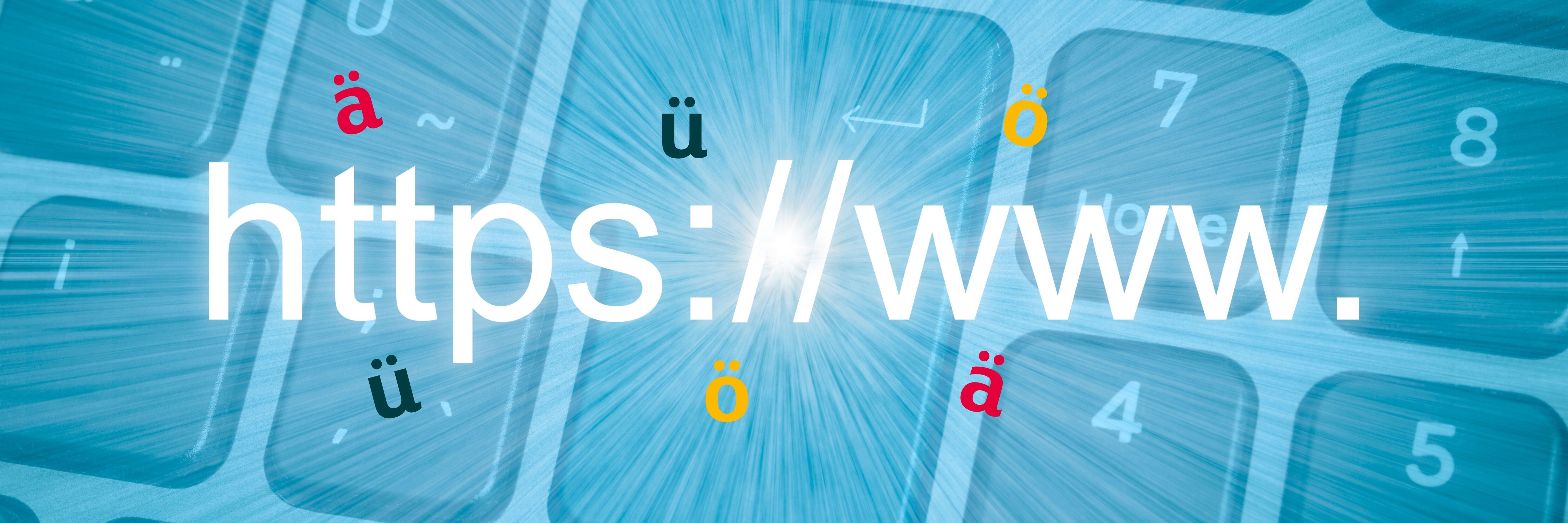 Domains mit Umlauten – ä, ö, ü in Webadressen Abbildung einer Tastatur mit Umlauten ä, ö, ü und grossem https://www. Schriftzug als Symbol für Domains mit Umlauten