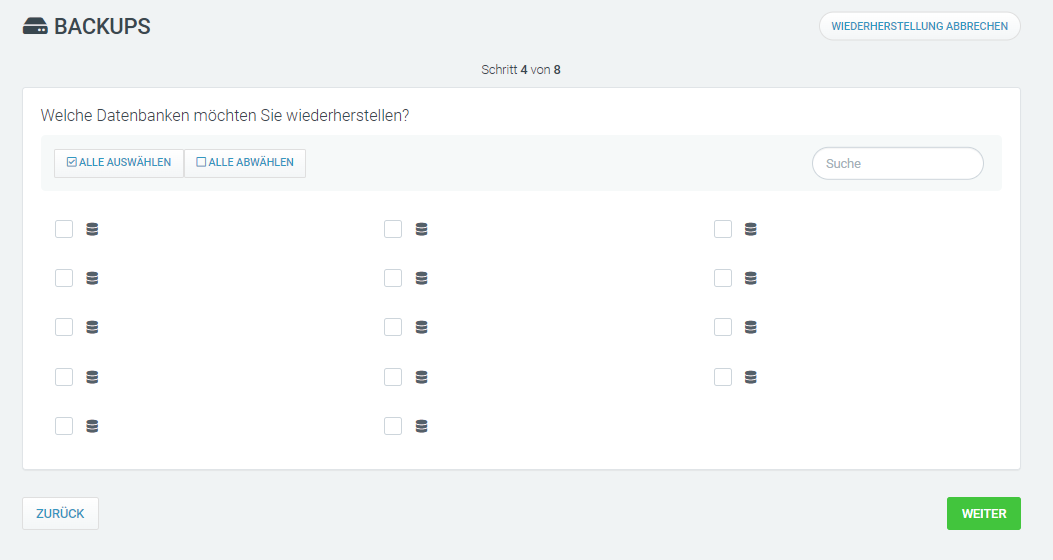 Web & Mail Control Panel - Backups - Datenbank auswählen