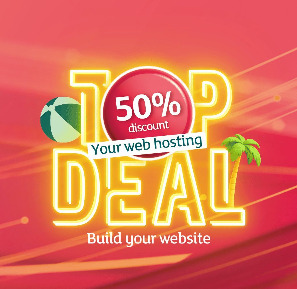 Promotional banner "Top Deal" with a 50% discount on web hosting, featuring a beach ball and a palm tree on a red background.