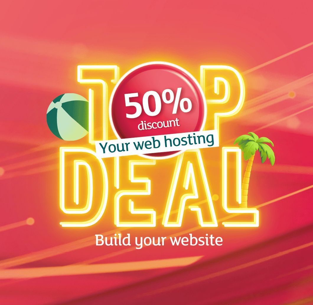 Promotional banner "Top Deal" with a 50% discount on web hosting, featuring a beach ball and a palm tree on a red background.