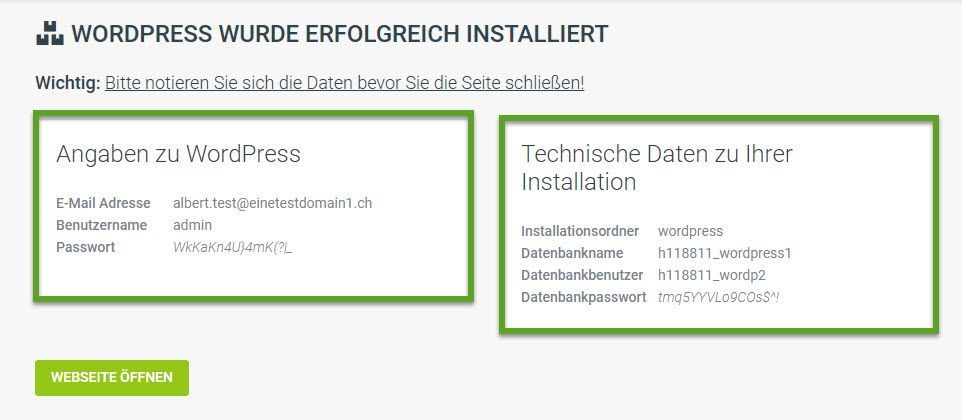 WordPress wurde erfolgreich installiert