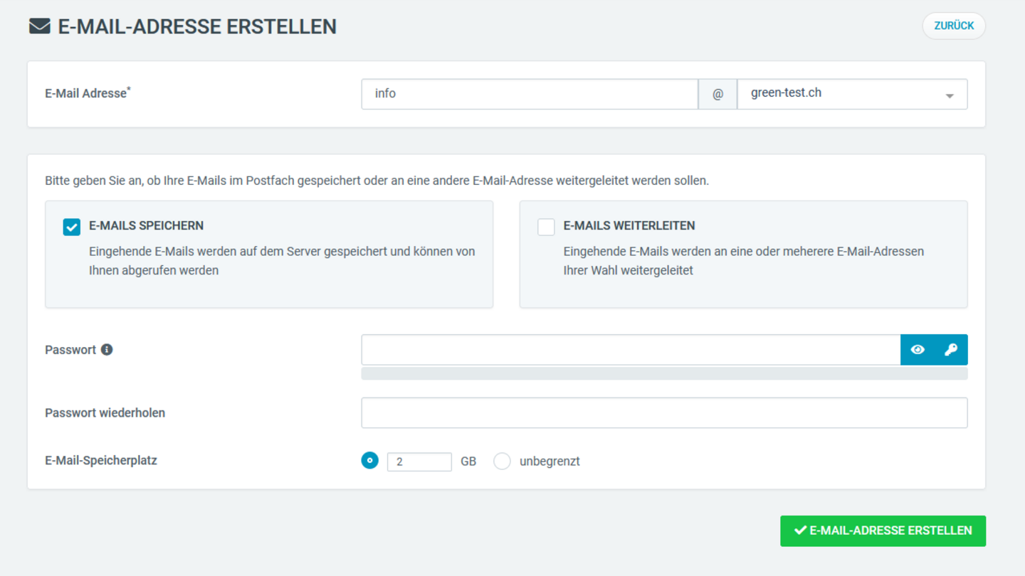 Web & Mail Control Panel - E-Mail-Adresse erstellen