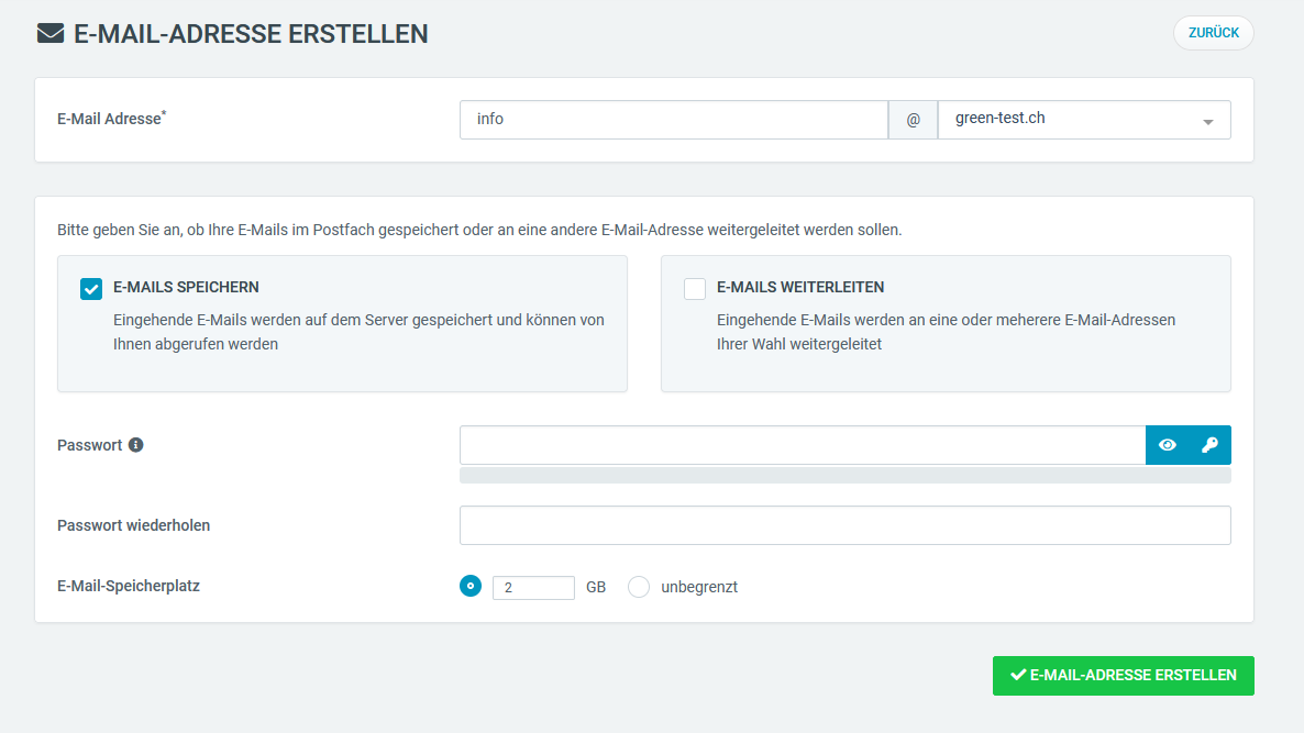Web & Mail Control Panel - E-Mail-Adresse erstellen