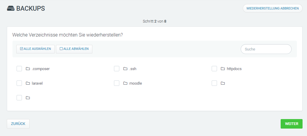 Web & Mail Control Panel - Backups - Verzeichnis auswählen