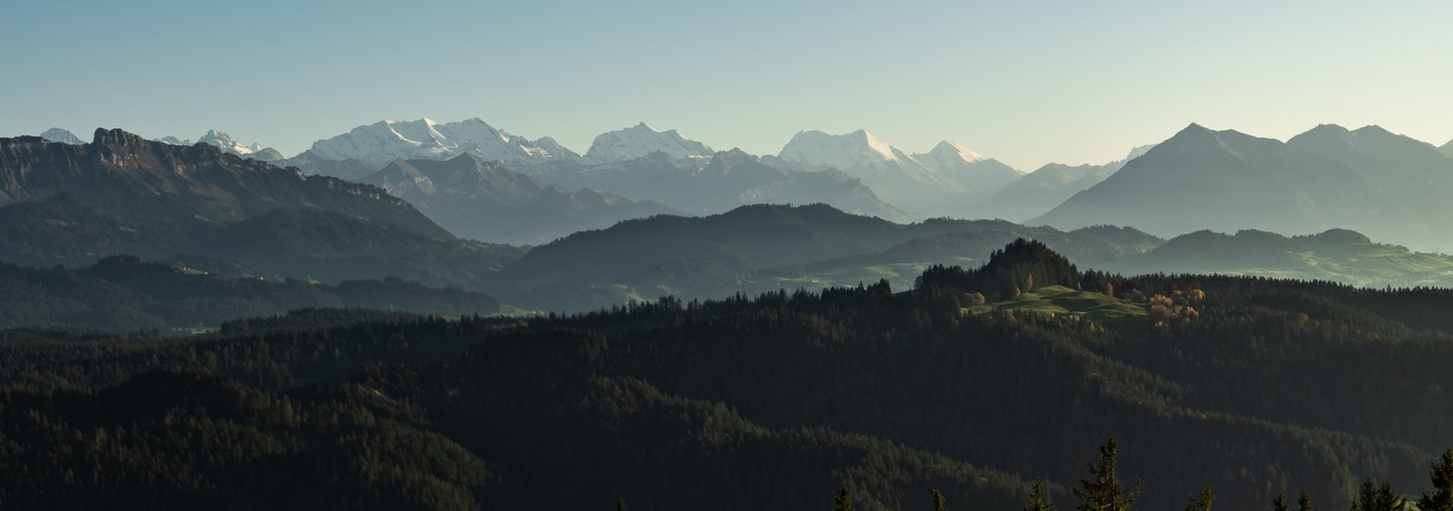 Weitläufige Schweizer Berglandschaft mit bewaldeten Hügeln im Vordergrund und schneebedeckten Alpengipfeln im Hintergrund.